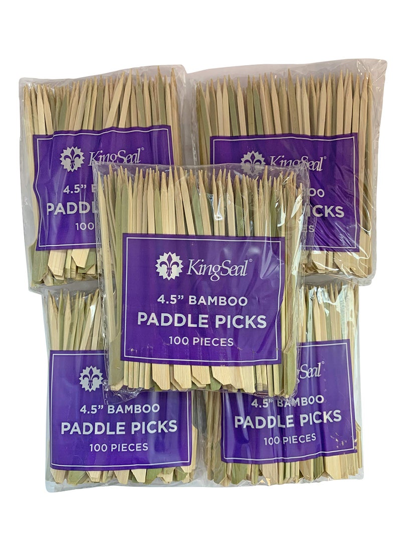KingSeal 500 Count | KingSeal Natural Green Bamboo Wood Paddle Picks, Skewers for Appetizers and Cocktails, 4.5 Inches - 5 Packs of 100 - Image 2